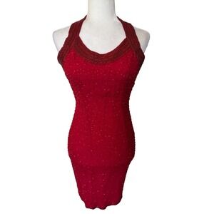 Vtg Sean Red Silk Beaded Halter Dress Y2K Whimsigoth Prom Gown XS‎